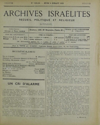 Archives israélites de France. Vol.98 N°115-116 (04 juil. 1935)